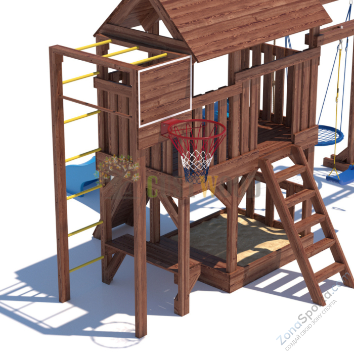 Детская деревянная игровая площадка для улицы дачи CustWood Scout SC10 с большой деревянной крышей