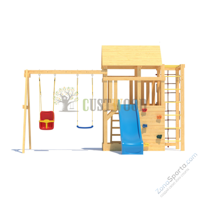 Детская деревянная игровая площадка для улицы дачи CustWood Scout S4+ с большой деревянной крышей