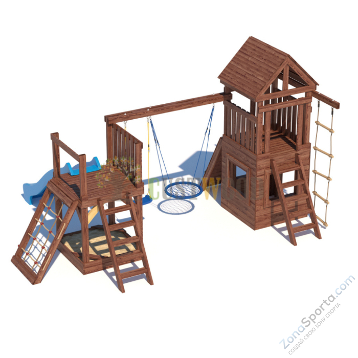 Детская деревянная игровая площадка для улицы дачи CustWood Scout SC9 с деревянной крышей