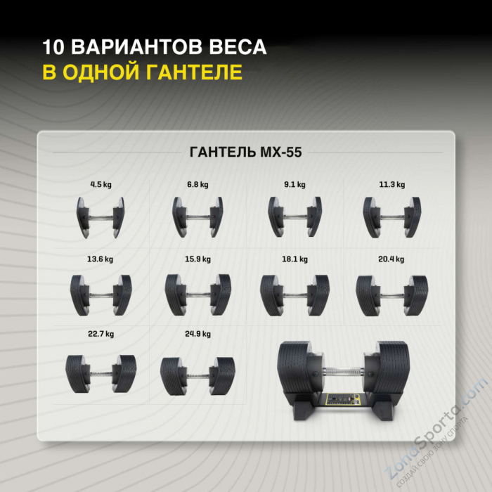 Гантель регулируемая MX Select MX55, вес 4.5-24.9 кг